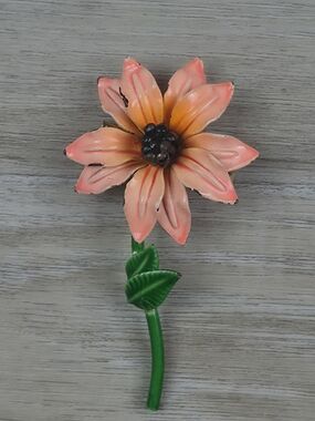 Vintage 1960s Enamel Flower Power Long Stem Brooch Pin | Peach, Orange, Green